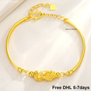 Pure 999 24K Yellow Gold Women Lucky Dragon Pixiu Transfer Beads Bracelet Bangle - Picture 1 of 10