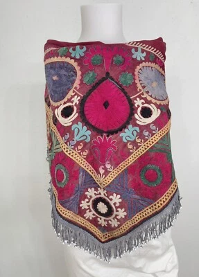 Antique Uzbek Hand Embroidered Scarf Shawl Antique Tribal Textile 28” x 32” - Image 1 of 4