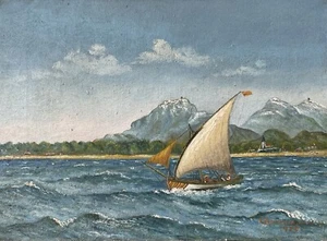 Velero impresionista en el mar paisaje costero montañoso pintura al óleo 1920 - Imagen 1 de 13