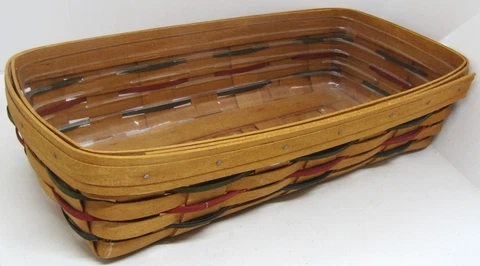 1993, Signed and Stamped Brown/Red/Green Longaberger Woven Bread Basket with Lin Cover