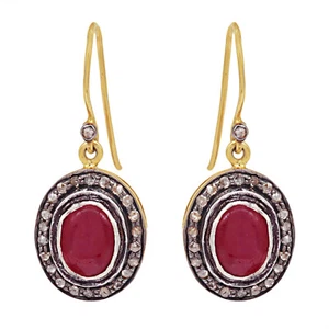 Ruby Gemstone 14K Gold Diamond Pave Dangle Earrings 925 Silver Handmade Jewelry - Picture 1 of 5