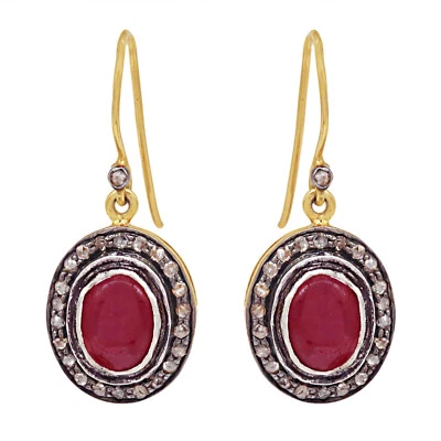 Ruby Gemstone 14K Gold Diamond Pave Dangle Earrings 925 Silver Handmade Jewelry - Image 1 of 4