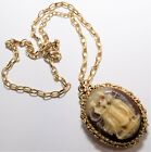 Vintage Large 1.5" X 2" Gold Tone Cameo Solid Perfume Pendant Unmarked Necklace