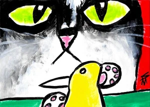 ACEO PRINT OF CAT PAINTING Samantha McLean Tuxedo Cat Yellow Bird WHIMSICAL ART - Picture 1 of 1