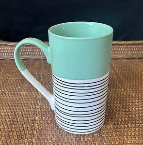 Clay Art Tall 6" Latte Mug Large Handle Mint Green Black White Stripe Vintage - Picture 1 of 5