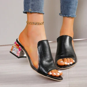 Women Crystal Heels Sandals Summer Open Toe Casual Block Heel Slippers Shoes US - Picture 1 of 12