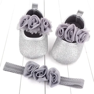 Infant Baby Girl Flower Prewalker Princess Shoes Headband Set Flat Soft Sandal - Picture 1 of 21
