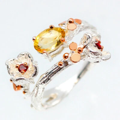 Anillo de plata granate citrino natural regalo X'mas 925 esterlina / RVS104 Foto 1 de 4