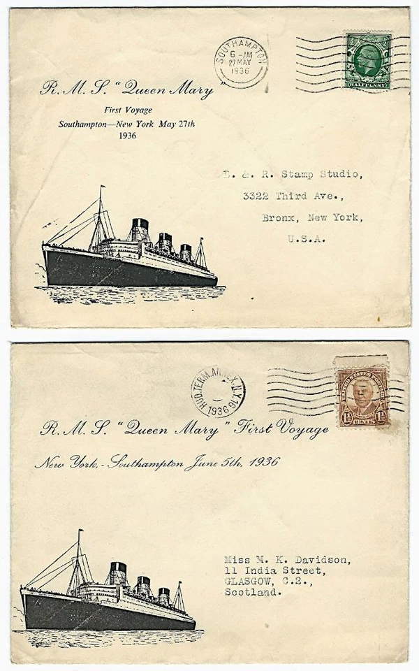 1936 R.M.S. Queen Mary First Voyage - New York -- Southampton - 2 Ship Covers - Image 1 of 1