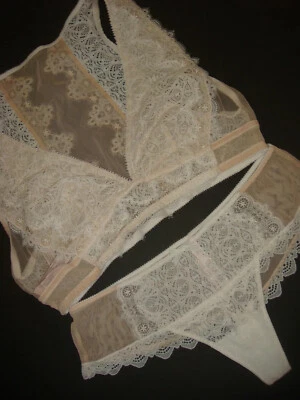 Victoria's Secret unlined L,XL BRALETTE top L Thong BEIGE white lace embroidered - Image 1 of 3