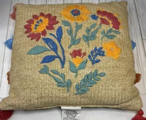 PIONEER WOMAN Indoor Outdoor Floral Embroidered Tan Rust 16x16 Pillow Tassels - Picture 1 of 7