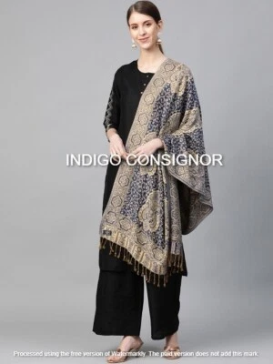 Wrap Stole Pashmina Cashmere Paisley Scarf Shawl Silk Soft Indian Wool Warm Blue - Image 1 of 4