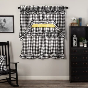 VHC Brands Annie Buffalo Check Black Ruffled Set (2 Swag 36x16 ; 2 Tier 36x36) - Picture 1 of 8