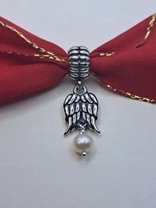 Authentic Sterling Silver Pandora Ale S925 Angel Wings w/Pearl Dangle 790975P - Picture 1 of 2