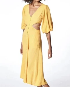 Vestido YFB Alto Tea Lino Amarillo/Naranja Corte Midi Mangas Abullonadas 3/4 Talla S - Imagen 1 de 14