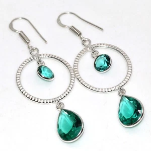 925 Silver Plated Green Topaz Faceted Long Earrings Jewelry Size 2.3" AU F494 - Picture 1 of 3