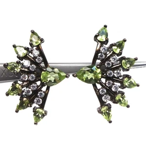 925 Sterling Silver 5 x 7 MM. Green Peridot & White Zircon Birthstone Earrings - Picture 1 of 4