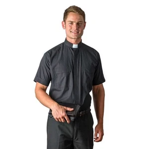 F.A. Dumont Black Cotton-Rich Short Sleeve Tab Collar Clergy Shirt - Picture 1 of 14