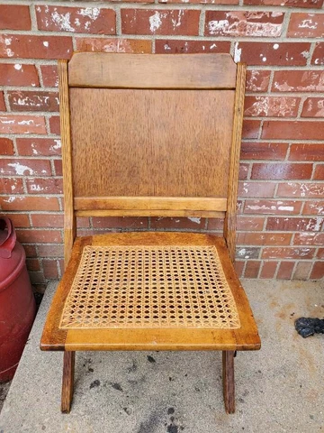 Vintage Oak Folding Chair Cane Seat 1940s Heavy Sturdy #2 Cover