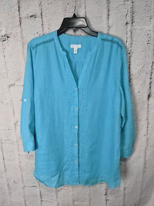 Charter Club Blue 100% Linen Button Up Roll Tab Blouse Sz L Large Pintuck Pleats - Picture 1 of 6