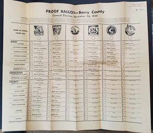 1950 Proof Stimmzettel Barry Co Michigan Prograssive, Prohibition, Sozialistische Parteien - Bild 1 von 9