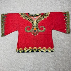 VINTAGE 70s Hippie Blouse Womens Medium Oversized Red Ethnic Kaftan African Top - Picture 1 of 9