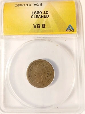1860 CN Indian Head Cent Very Good "looks FINE" VG VG8 Anacs cleaned ? - Image 1 of 4