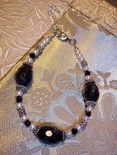 Hand Crafted 8 inch BLACK Glass Bead, Pearl & Tibetan SILVER Bead Bracelet K-09