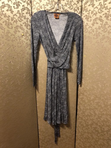 Abito Tory Burch blu navy bianco seta geometrico manica lunga taglia S