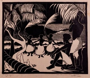 Island Dance Vera Blackburn 1936 – Woodcut Print Tropical Folk Dance Collectible - Picture 1 of 2
