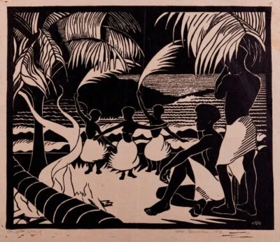 Island Dance Vera Blackburn 1936 – Woodcut Print Tropical Folk Dance Collectible - Image 1 of 2