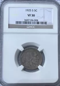 1925 S 5c Buffalo Nickel NGC VF30 - Picture 1 of 4