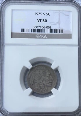 1925 S 5c Buffalo Nickel NGC VF30 - Image 1 of 4