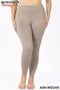 BRUSHED MICROFIBER HIGH WAISTED PLUS SIZE SPORT LEGGINGS WITH SIDE POCKETS - Picture 1 of 3