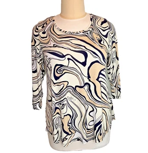JM Collection Tunic Top Women's XXL Navy, Beige, Mint Abstract Swirl 3/4 Sleeve - Picture 1 of 11