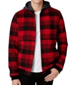 LEVIS Men M Quilt Insulated Red Buffalo Check Hooded Jacket-Wool Bld-Full Zip - Picture 1 of 8