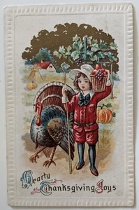 c 1912 THANKSGIVING TOM TURKEY EMBOSSED LITTLE BOY CORN SHOCK GRAPES PUMPKIN - Picture 1 of 6