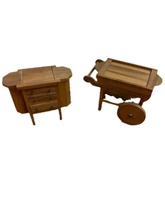 2 Antiques 1930 John Wanamaker Dollhouse Mini Furniture Wood Sewing Table & Cart - Picture 1 of 12