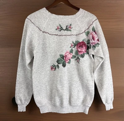 Sudadera Vintage S/M Casera Apliques Rosas Abuela Cottage Kitch Gris Rosa Foto 1 de 4