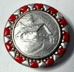 Vintage Hand painted white metal button ~"Swiss Chalet in Alps"~ 7/8" ~A32 - Picture 1 of 4