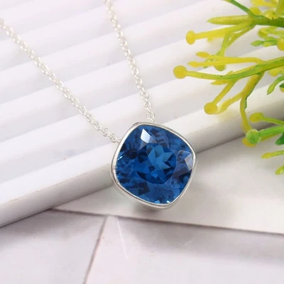 10x10 MM Sottile Blu Tormalina Cuscino, 925 Pendente Argento, Ottobre Del Mese - Immagine 1 di 4