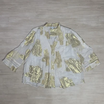 Blusa Diane von Furstenberg DVF Layla Plisada de Seda Hoja Dorada Brocado Top Talla 6 Foto 1 de 4