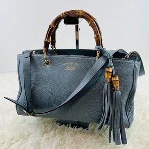 Gucci 2way Shopper Tote Bag All Shebo Leather Bamboo Blue Unisex Used - Picture 1 of 16