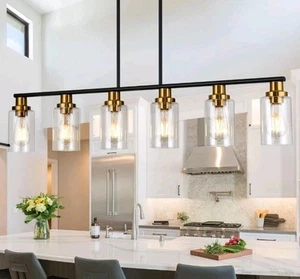 6 Light Farmhouse Island Light Fixture For Kitchen 44.3" Matte Black & Gold - Picture 1 of 9
