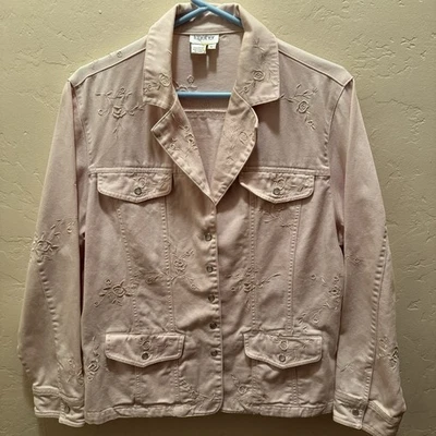 TOGETHER Women’s Light Pink Denim Pearl-Snap Jacket Floral Embroidery Size Large - Image 1 of 4