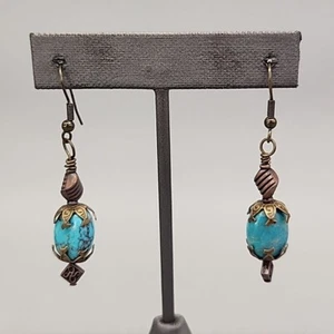 Turquoise Earrings Vtg Dangle Pierced Copper Capped 2.25" - Picture 1 of 10