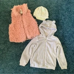Kids Cozy Winter Bundle Sherpa Vest Teddy Bear Hoodie Beanie Hat Pink White Warm - Picture 1 of 2
