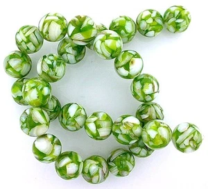 14mm Round Green Mother Of Pearl Mosaic Bead 15 Inch Strand MB29 - Picture 1 of 1