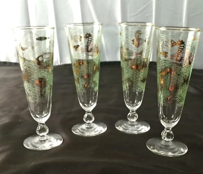 VIDRIO AGUAMARINA LIBBEY PILSNER VINTAGE CON PECES Y CABALLITOS DE MAR DORADO EN ORO 22K X4 Foto 1 de 4
