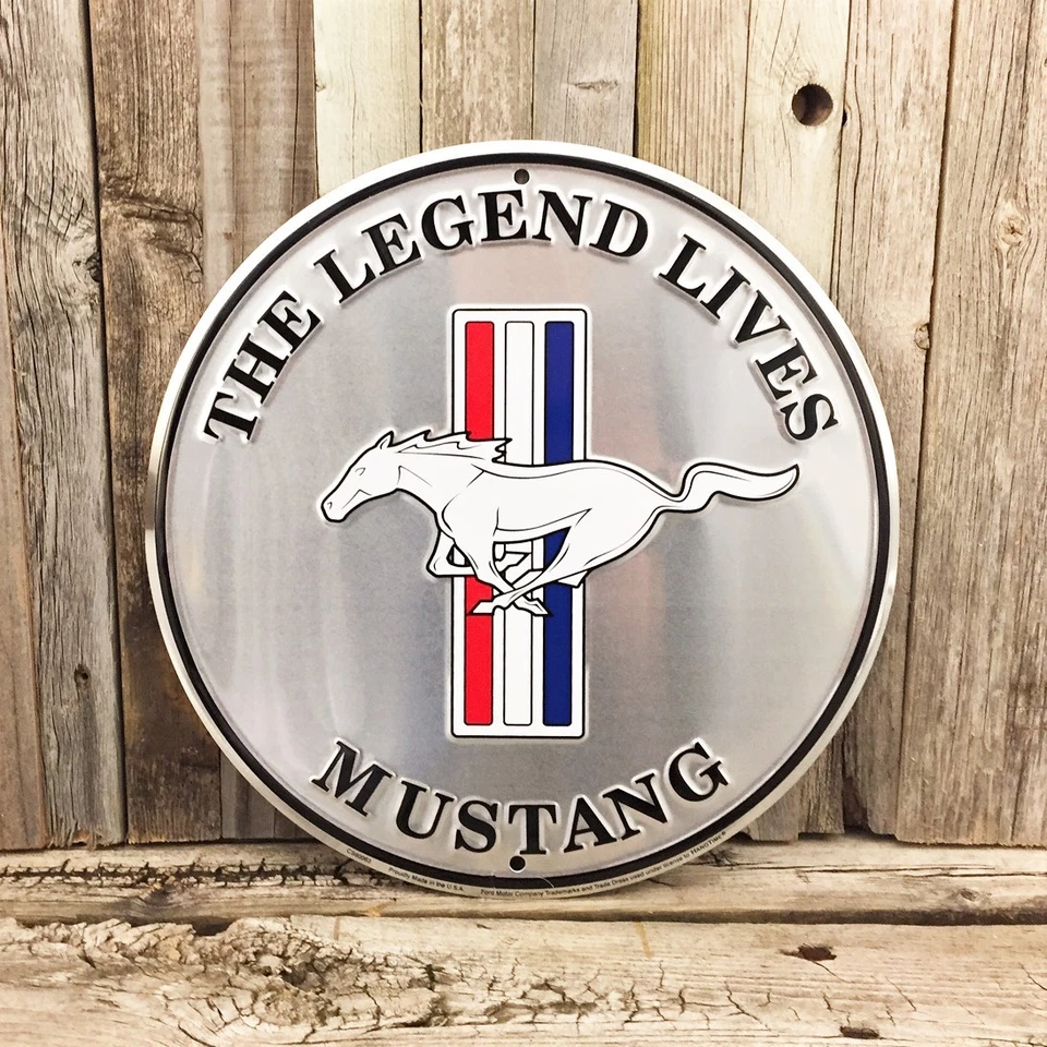 Ford Mustang The Legend Lives 12" Round Silver Embossed Metal Tin Sign Garage - Image 1 of 1